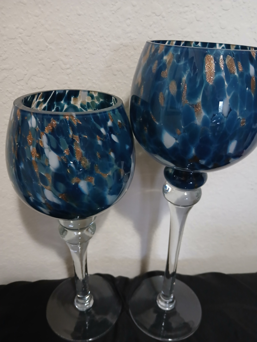 Blue and Gold Speckled Handblown Glass Candle Holders. Set Of 2